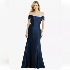 NWT ALFRED SUNG Off-The-Shoulder Bow Back Satin Trumpet Gown in Midnight Navy